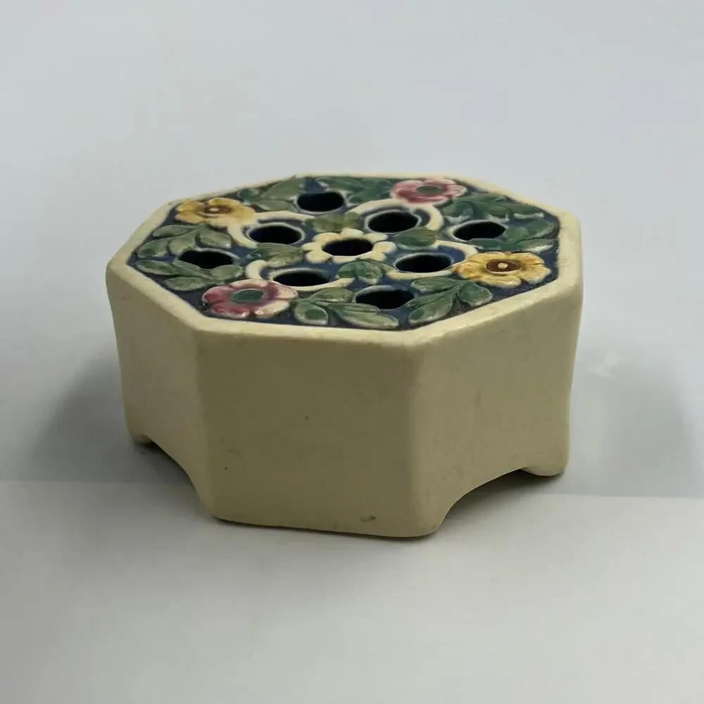Antique Weller Ware Ceramic Florala 9 Hole Flower‎ Frog Vase RARE 1920's FLAW